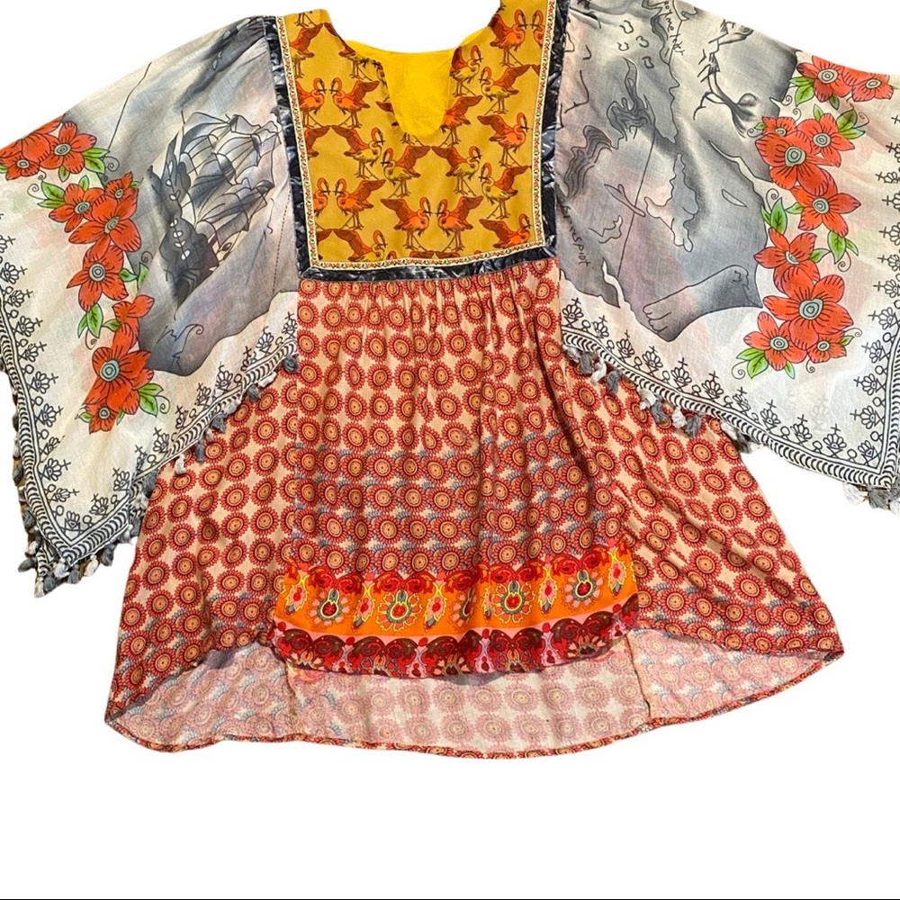 Ivy Jane xl top coral grey must. silky 29”L frnt 31”L back scarf tassel sl cot